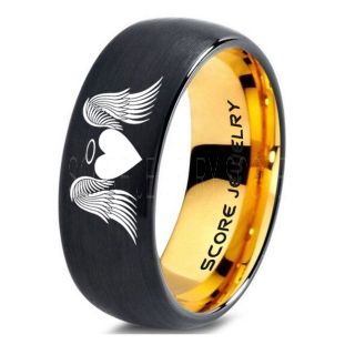 Angel Wings Ring, Halo Ring, Angel Ring, Angel Wings Jewelry, Angel Wings Wedding Ring, Black Tungsten Band, Black Wedding Ring, Angel Wedding Ring