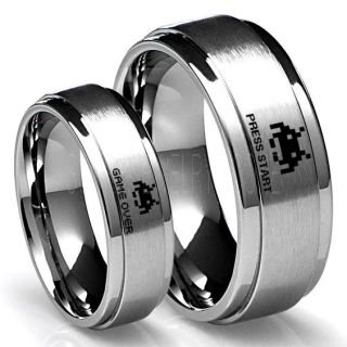 Player 1 Player 2 Rings, Retro Gamer Rings, Gamer Rings, Space Invaders Rings, Atari Rings, Nintendo Rings, Silver Tungsten Rings, Silver Wedding Bands, Couple Ring Set Gamer Rings