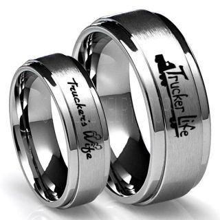 Truck Driver Ring, Trucker's Wife Ring, 2 Piece Couple Set Trucker Ring, Truck Life Ring, Trucker Life Ring, Silver Tungsten Ring, Trucker Jewelry, Truck Driver Wedding Band, Silver Tungsten Band, Silver Wedding Ring