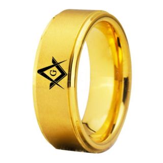 Freemason Ring, Freemason Jewelry, Freemasonry Jewelry, 14K Yellow Gold Tungsten Band, Yellow Gold Tungsten Wedding Band, Freemasonry Ring, Square and Compasses Tungsten Ring