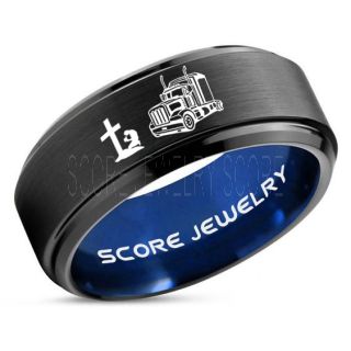 Truck Driver Ring, Trucker Ring, Praying Cowboy Ring, Black Tungsten Ring, Trucker Jewelry, Truck Driver Wedding Band, Black Tungsten Band, Black Wedding Ring