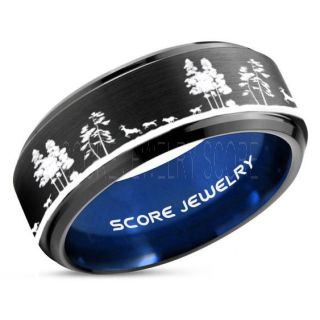 Wolves Hunting Deer Ring, Deer Hunting Ring, Elk Hunting Ring, Deer Hunting Tungsten Ring, Wolves Hunting Deer Scene Ring, Crossbow Deer Ring, Elk in Forest Scene Ring, Deer Jewelry, Black Tungsten Wedding Band