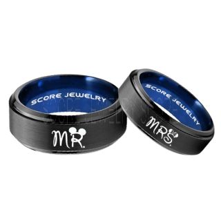 Mickey Mouse Ring, Minnie Mouse Ring, 2 Piece Couple Set Black Tungsten Bands, Mr & Mrs Rings, Tungsten Wedding Bands, Black Wedding Rings