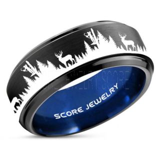 Deer Hunting Ring, Elk Hunting Ring, Deer Hunting Tungsten Ring, Crossbow Deer Hunting Ring, Crossbow Deer Ring, Elk in Forest Scene Ring, Deer Jewelry, Black Tungsten Wedding Band