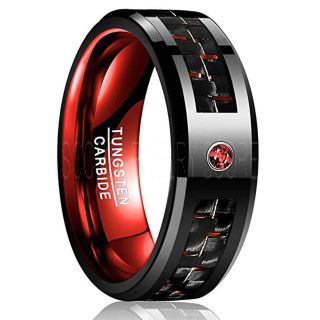 Red Ring, Red Tungsten Ring, Red Wedding Band, Black Tungsten Ring with Red Carbon Fiber and AAAAA Red CZ Stone Inlay Ring