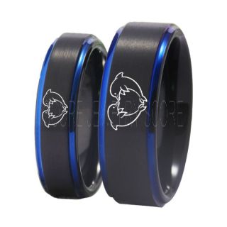Dolphins Rings, 2 Piece Couple Set Dolphin Wedding Rings, Dolphin Wedding Bands, Bottlenose Dolphins Rings, Black Tungsten Rings, Black Wedding Bands, Ocean Life Wedding Bands