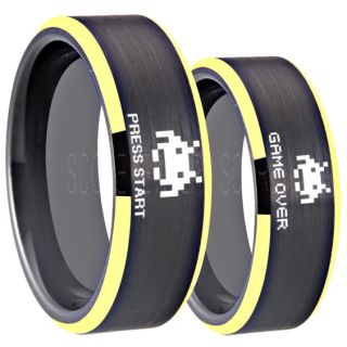 Player 1 Player 2 Rings, Retro Gamer Rings, Gamer Rings, Space Invaders Rings, Atari Rings, Nintendo Rings, Black Tungsten Rings, Black Wedding Bands, Couple Ring Set Gamer Rings