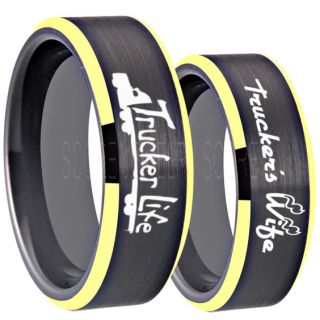 Truck Driver Ring, Trucker's Wife Ring, 2 Piece Couple Set Trucker Ring, Truck Life Ring, Trucker Life Ring, Black Tungsten Ring, Trucker Jewelry, Truck Driver Wedding Band, Black Tungsten Band, Black Wedding Ring