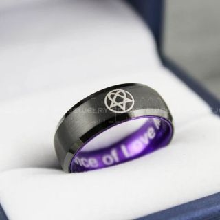 Heartagram Ring, Heartagram Wedding Ring, 8mm Black Tungsten Ring with Purple Interior, Black Wedding Ring, Heartagram Wedding Band ECG Ring