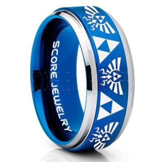 Legend of Zelda Ring, Zelda Triforce Ring, Blue Zelda Wedding Ring, Blue Zelda Wedding Band, Blue Tungsten Ring, Blue Wedding Band, Gamer Ring, Blue Gamer Ring