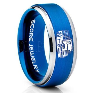Dump Truck Ring, Truck Driver Ring, Trucker Ring, Blue Tungsten Ring, Trucker Jewelry, Truck Driver Wedding Band, Blue Tungsten Band, Blue Wedding Ring