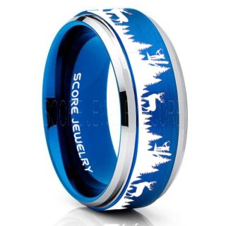 Deer Hunting Ring, Elk Hunting Ring, Deer Hunting Tungsten Ring, Crossbow Deer Hunting Ring, Crossbow Deer Ring, Elk in Forest Scene Ring, Deer Jewelry, Blue Tungsten Wedding Band