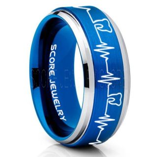 Dentist Ring, Dental Ring, Tooth Ring, Tooth Heartbeat Ring, Molar Tooth Ring, Blue Tungsten Band, Blue Tungsten Wedding Band, Dental Hygienist Gift, Dentist Gift