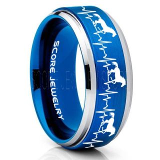 Mustang Ring, Horse Ring, Mustang Heartbeat Ring, Equestrian Ring, Horse Lovers Ring, Western Ring, Cowboys Ring, Blue Tungsten Ring, Blue Wedding Band, Horse Wedding Ring