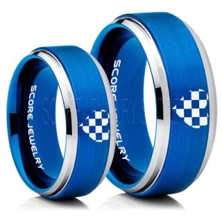 Racing Ring, 2 Piece Couple Ring Set, Racing Flag Ring, Checkered Flag Heart Ring, Chequered Flag Ring, Blue Tungsten Ring, Auto Racing Ring, Blue Wedding Band, Blue Tungsten Ring