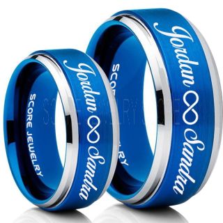 Infinity Couple Rings, Matching Couple Wedding Rings Set, Couple Wedding Rings, CUSTOMIZE YOUR NAMES Wedding Bands, Always and Forever Jewelry, Blue Tungsten Wedding Ring, Blue Tungsten Rings