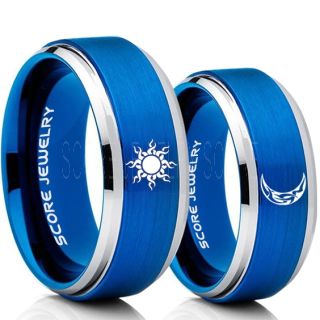 Sun and Moon Rings, Sun Ring, Moon Ring, 2 Piece Couple Tribal Sun and Moon Rings, Sun and Moon Wedding Bands, Tribal Sun and Moon Rings, Blue Tungsten Bands, Sun and Moon Wedding Bands