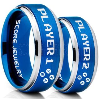 Gamer Rings, Couple Ring Set, Player 1 Player 2 Rings, Controller Rings, Blue Gamer Wedding Rings, Blue Tungsten Gamer Wedding Bands, Blue Tungsten Rings, Blue Wedding Bands, Gamer Jewelry