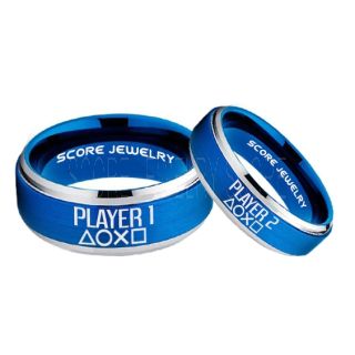 Player 1 Player 2 Rings, Gamer Rings, Blue Tungsten Rings, Blue Wedding Bands, Couple Ring Set Gamer Rings, Blue Tungsten Bands