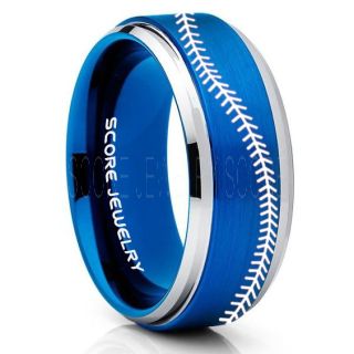 Baseball Ring, Baseball Stitch Pattern Ring, Blue Tungsten Ring, Blue Ring, Blue Wedding Band, Blue Wedding Ring, Baseball Stitch Ring, Blue Tungsten Band