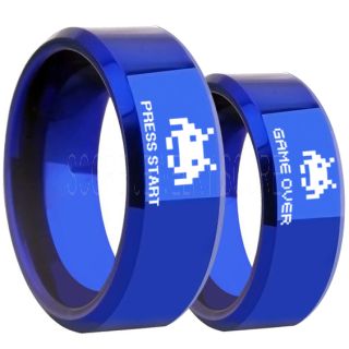 Player 1 Player 2 Rings, Retro Gamer Rings, Gamer Rings, Space Invaders Rings, Atari Rings, Nintendo Rings, Blue Tungsten Rings, Blue Wedding Bands, Couple Ring Set Gamer Rings