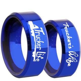 Truck Driver Ring, Trucker's Wife Ring, 2 Piece Couple Set Trucker Ring, Truck Life Ring, Trucker Life Ring, Blue Tungsten Ring, Trucker Jewelry, Truck Driver Wedding Band, Blue Tungsten Band, Blue Wedding Ring