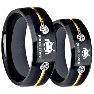 Player 1 Player 2 Rings, Retro Gamer Rings, Gamer Rings, Space Invaders Rings, Atari Rings, Nintendo Rings, Black Tungsten Rings, Black Wedding Bands, Couple Ring Set Gamer Rings