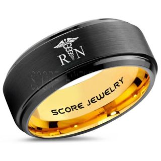 Nurse Ring, Registered Nurse Ring, RN Nurse Wedding Band, Career Ring, RN Nurse Jewelry, Nurse Black Tungsten Ring, Black Wedding Band, Black Tungsten Wedding Band