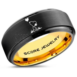 Snoopy Ring, Black Tungsten Ring, Black Ring, Black Wedding Band, Yellow Gold Wedding Band, Black Wedding Ring, Yellow Gold Wedding Ring, Black Tungsten Ring