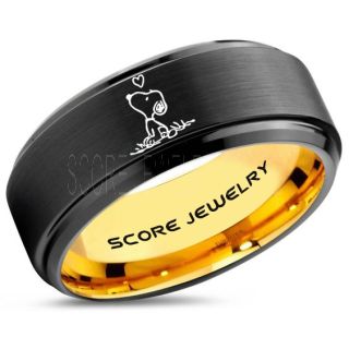 Snoopy Ring, Black Tungsten Ring, Black Ring, Black Wedding Band, Yellow Gold Wedding Band, Black Wedding Ring, Yellow Gold Wedding Ring, Black Tungsten Ring