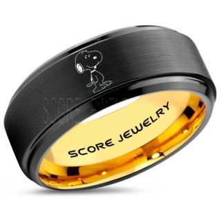 Snoopy Ring, Black Tungsten Ring, Black Ring, Black Wedding Band, Yellow Gold Wedding Band, Black Wedding Ring, Yellow Gold Wedding Ring, Black Tungsten Ring