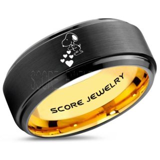 Snoopy Ring, Black Tungsten Ring, Black Ring, Black Wedding Band, Yellow Gold Wedding Band, Black Wedding Ring, Yellow Gold Wedding Ring, Black Tungsten Ring