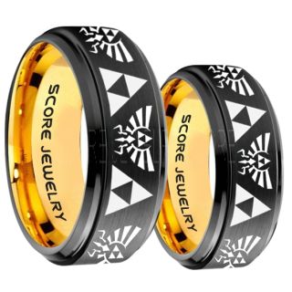 Zelda Ring, Gamer Ring, 2 Piece Couple Set Legend of Zelda Rings, Zelda Wedding Rings, Zelda Wedding Bands, Black Tungsten Rings, Black Wedding Bands