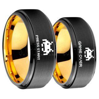 Player 1 Player 2 Rings, Retro Gamer Rings, Gamer Rings, Space Invaders Rings, Atari Rings, Nintendo Rings, Black Tungsten Rings, Black Wedding Bands, Couple Ring Set Gamer Rings