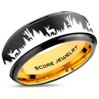Deer Hunting Ring, Elk Hunting Ring, Deer Hunting Tungsten Ring, Crossbow Deer Hunting Ring, Crossbow Deer Ring, Elk in Forest Scene Ring, Deer Jewelry, Black Tungsten Wedding Band