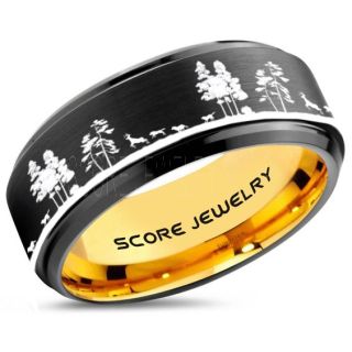 Wolves Hunting Deer Ring, Deer Hunting Ring, Elk Hunting Ring, Deer Hunting Tungsten Ring, Wolves Hunting Deer Scene Ring, Crossbow Deer Ring, Elk in Forest Scene Ring, Deer Jewelry, Black Tungsten Wedding Band