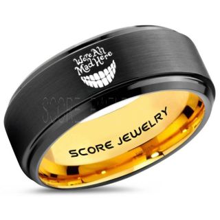 We're All Mad Here Ring, Alice in Wonderland Ring, Alice in Wonderland Wedding Ring, Alice in Wonderland Jewelry, Black Tungsten Ring, Black Ring, Black Wedding Band, Black Wedding Ring