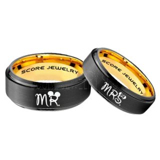 Mickey Mouse Ring, Minnie Mouse Ring, 2 Piece Couple Set Black Tungsten Bands, Mr & Mrs Rings, Tungsten Wedding Bands, Black Wedding Rings