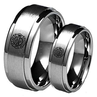 Fire Department Rings, 2 Piece Couple Set Fireman Rings, Fireman Jewelry, Silver Tungsten Bands, Silver Tungsten Wedding Bands, Firefighter Rings, Fire Department Tungsten Rings