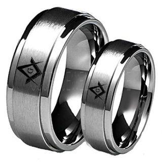 Freemason Rings, Freemason Jewelry, Freemasonry Jewelry, 2 Piece Couple Set Silver Tungsten Bands, Silver Tungsten Wedding Bands, Freemasonry Rings, Square and Compasses Tungsten Rings