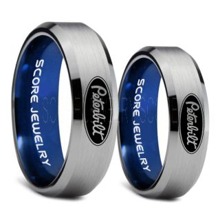 Peterbilt Rings, Peterbilt Jewelry, 2 Piece Couple Set Silver Tungsten Rings with Blue Interior, Trucker Rings, Truck Driver Rings, Driver Rings, Silver Tungsten Wedding Bands