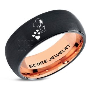Snoopy Ring, Black Tungsten Ring, Black Ring, Black Wedding Band, Rose Gold Wedding Band, Black Wedding Ring, Rose Gold Wedding Ring, Black Tungsten Ring