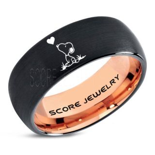 Snoopy Ring, Black Tungsten Ring, Black Ring, Black Wedding Band, Rose Gold Wedding Band, Black Wedding Ring, Rose Gold Wedding Ring, Black Tungsten Ring