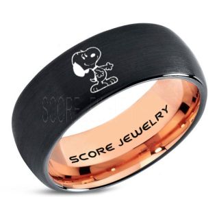 Snoopy Ring, Black Tungsten Ring, Black Ring, Black Wedding Band, Rose Gold Wedding Band, Black Wedding Ring, Rose Gold Wedding Ring, Black Tungsten Ring
