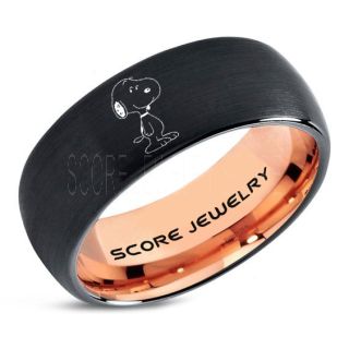 Snoopy Ring, Black Tungsten Ring, Black Ring, Black Wedding Band, Rose Gold Wedding Band, Black Wedding Ring, Rose Gold Wedding Ring, Black Tungsten Ring