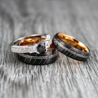 Elvish Rings, Bridal Ring Set, 3 Piece Couple Set Black Tungsten Bands and 3mm .925 Sterling Silver 3 Stone Engagement Ring, Elvish Bands