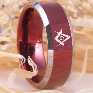 Freemason Ring, Freemason Jewelry, Freemasonry Jewelry, Red Tungsten Band, Red Tungsten Wedding Band, Freemasonry Ring, Square and Compasses Tungsten Ring