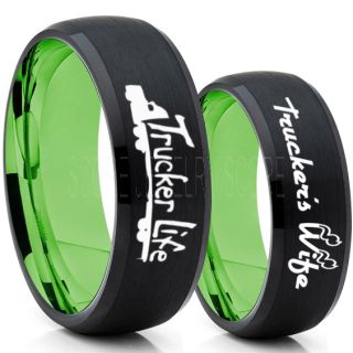 Truck Driver Ring, Trucker's Wife Ring, 2 Piece Couple Set Trucker Ring, Truck Life Ring, Trucker Life Ring, Black Tungsten Ring, Trucker Jewelry, Truck Driver Wedding Band, Black Tungsten Band, Black Wedding Ring