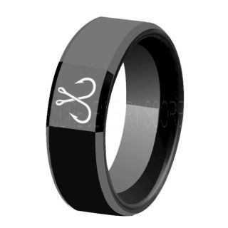 Fishing Ring, Fish Hook Ring, Bass Ring, Bass Fishing Ring, Black Ring, Black Tungsten Ring, Black Wedding Band, Hunting Ring, Fish Hooks Wedding Band