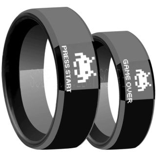 Player 1 Player 2 Rings, Retro Gamer Rings, Gamer Rings, Space Invaders Rings, Atari Rings, Nintendo Rings, Black Tungsten Rings, Black Wedding Bands, Couple Ring Set Gamer Rings